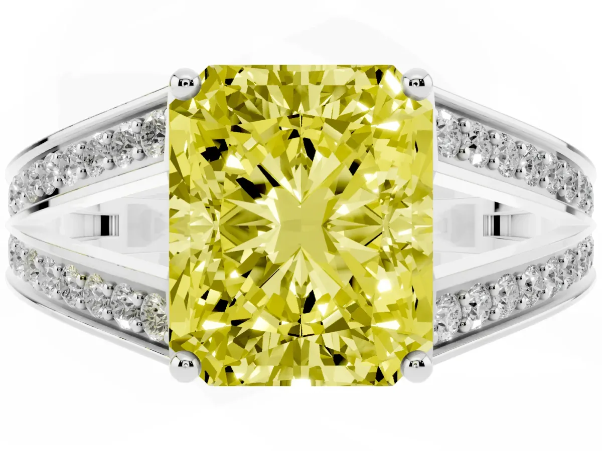 Fancy Yellow Radiant Cut Diamond Split Shank Ring with Pavé Band and Four-Prong Setting Platinum