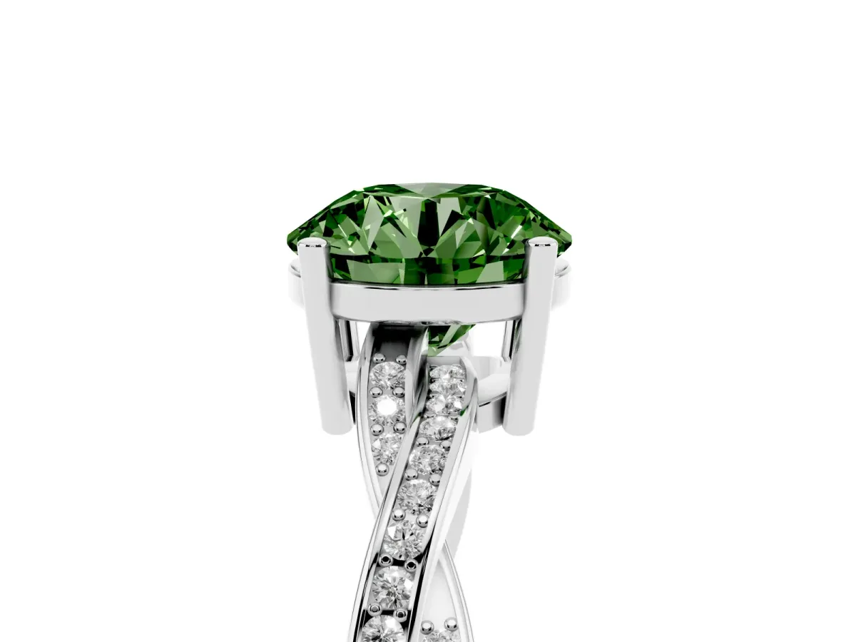 Fancy Green Round Cut Solitaire Twisted Pave Diamond Ring with Four-Prong Setting Silver