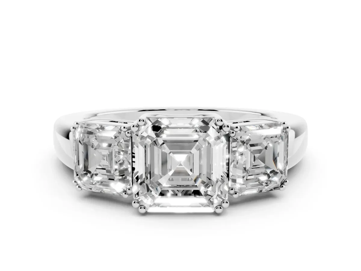 Three-Stone Asscher Cut Cut Diamond Ring with Channel Set Band and Four-Prong Setting Silver