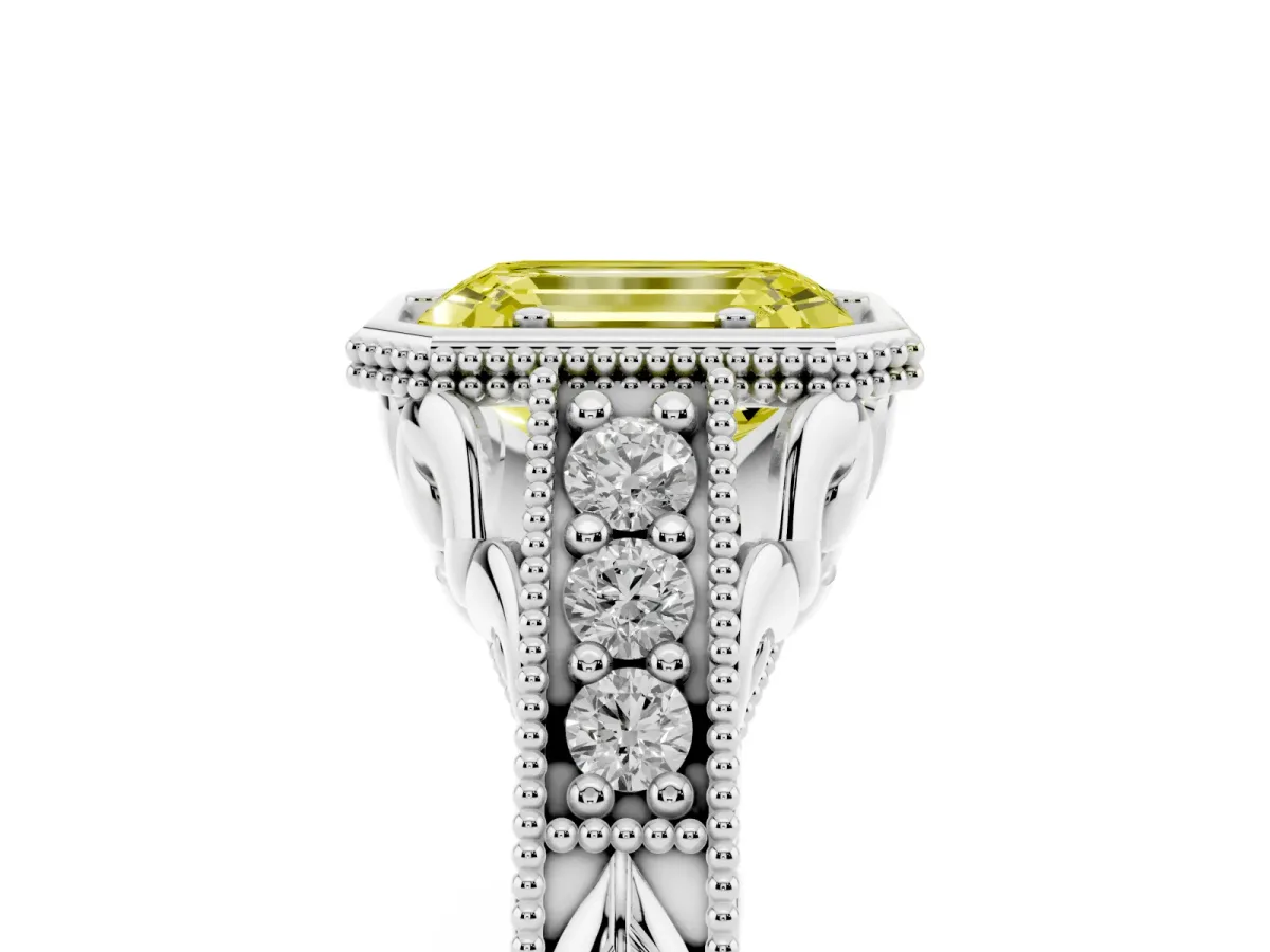Fancy Yellow Bezel Set Emerald Cut Diamond Milgrain Pave Engagement Ring Silver