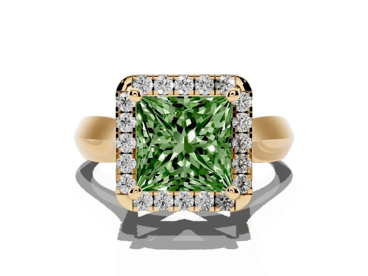 Fancy Green Princess Cut Cut Halo Solitaire Engagement Ring with Square Band and Four-Prong Setting Yellow gold
