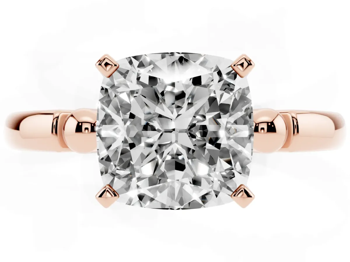 Cushion Cut Solitaire Beaded Band with Four-Prong Setting Rose gold