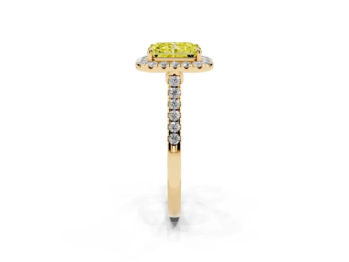 Fancy Yellow Radiant Cut Halo Pave Diamond Engagement Ring with Four-Prong Setting Yellow gold