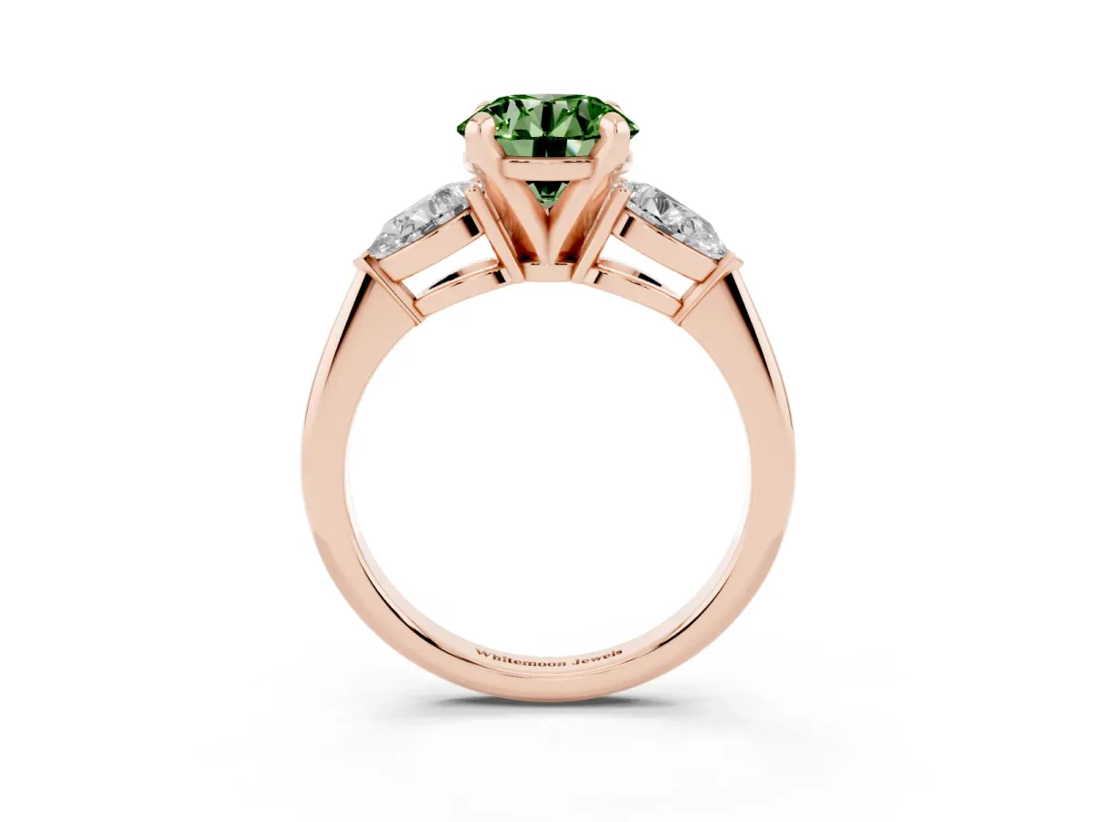 Fancy Green Three-Stone Round Cut Diamond Ring with Pear Side Stones and Four-Prong Setting Rose gold