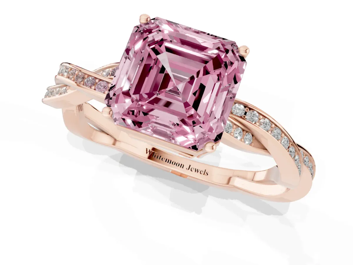 Fancy Pink Asscher Cut Solitaire Twisted Pave Diamond Ring with Four-Prong Setting Rose gold