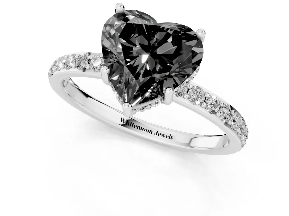Fancy Black Heart Cut Diamond Solitaire Ring with Pavé Band and Hidden Halo Silver