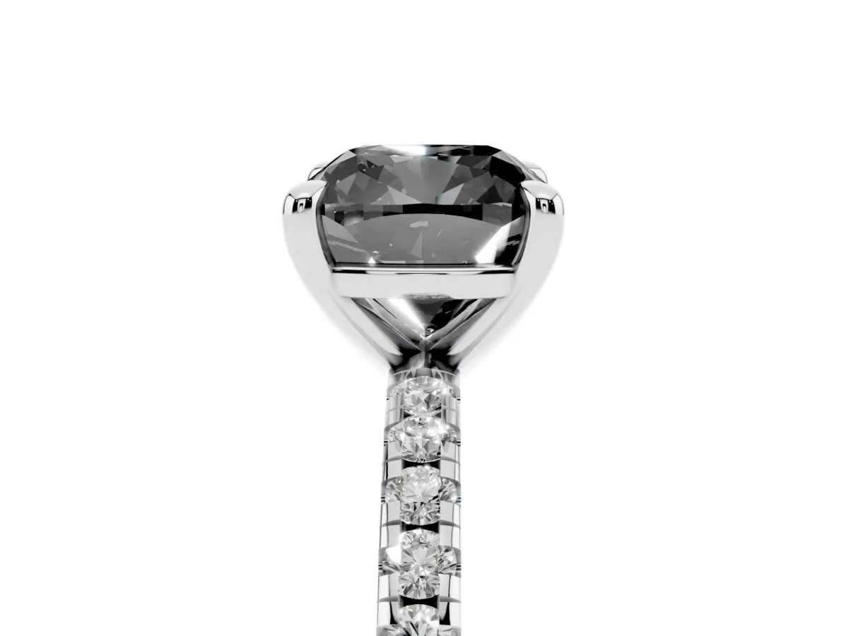 Fancy Black Cushion Cut Diamond Brilliant Solitaire Ring with Pavé Band and Four-Prong Setting White gold