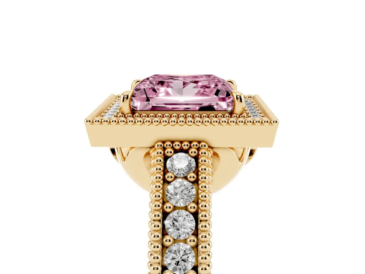 Fancy Pink Princess Cut Cut Halo Diamond Ring with Pavé Band and Four-Prong Setting Yellow gold
