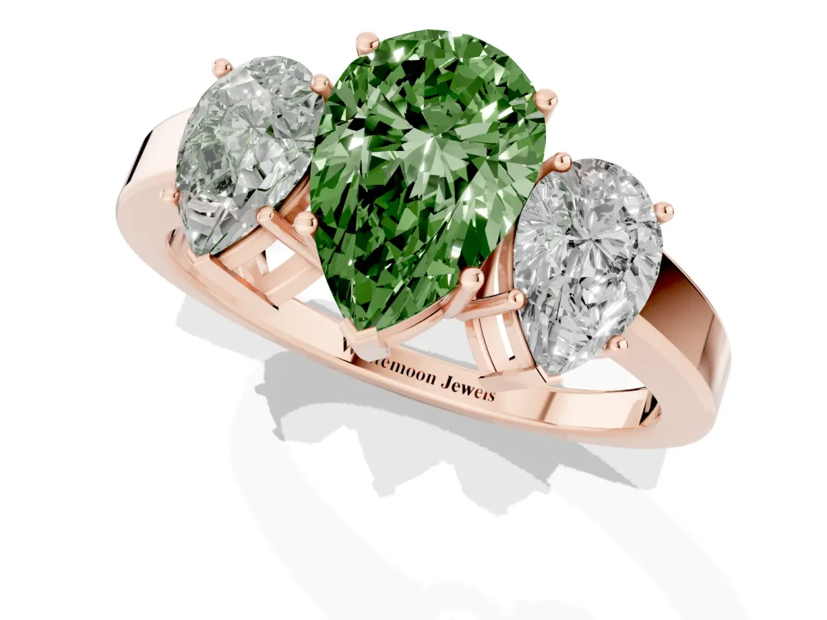 Fancy Green Three-Stone Pear Cut Cut Diamond Engagement Ring with Flat Band and Four-Prong Setting Rose gold