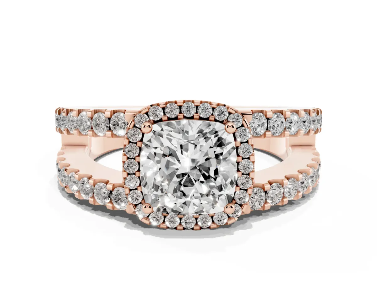 Cushion Cut Cut Halo Split Shank Diamond Ring with Four-Prong Setting Rose gold