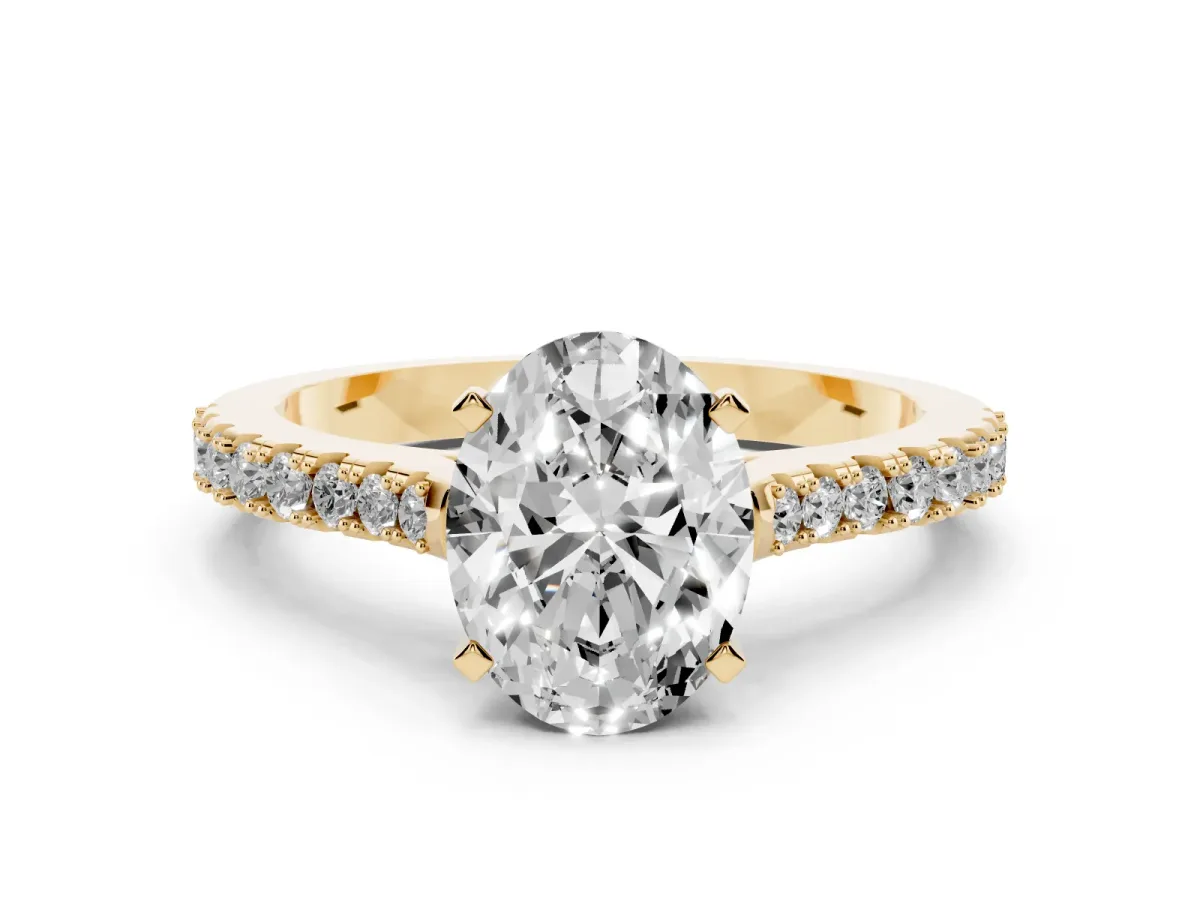 Oval Cut Cut Solitaire Diamond Engagement Ring with Pave Band and Four-Prong Setting Yellow gold