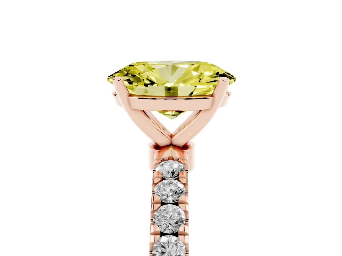 Fancy Yellow Oval Cut Diamond Solitaire Ring with Pavé Accents and Four-Prong Setting Rose gold