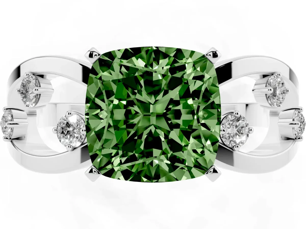 Fancy Green Cushion Cut Cut Solitaire Diamond with Side Stones on Criss-Cross Band and Four-Prong Setting Silver