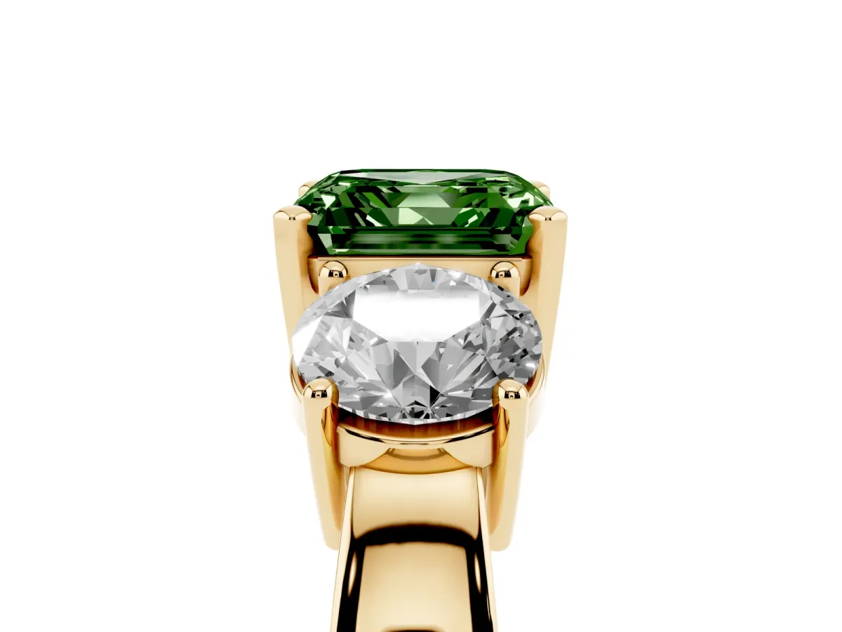 Fancy Green Three-Stone Asscher Cut Diamond Ring with Round Side Stones, Classic Band, and Four-Prong Setting Yellow gold