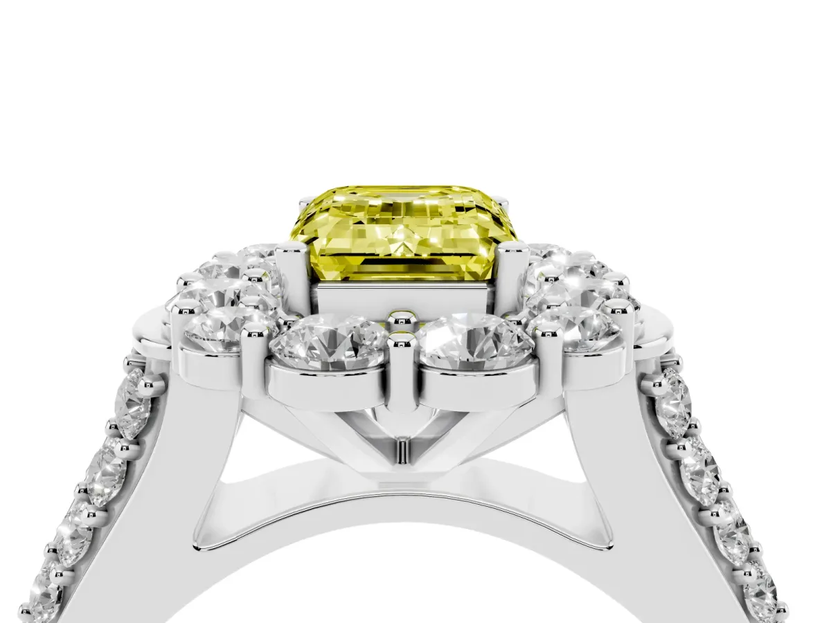 Fancy Yellow Emerald Cut Halo Diamond Engagement Ring with Split Shank and Prong Setting Platinum