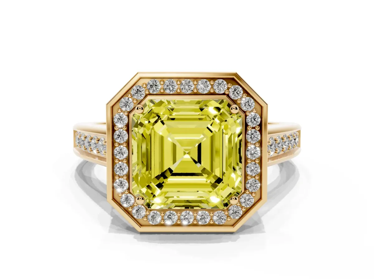 Fancy Yellow Asscher Cut Halo Solitaire Diamond Ring with Pave Band and Bezel Setting Yellow gold