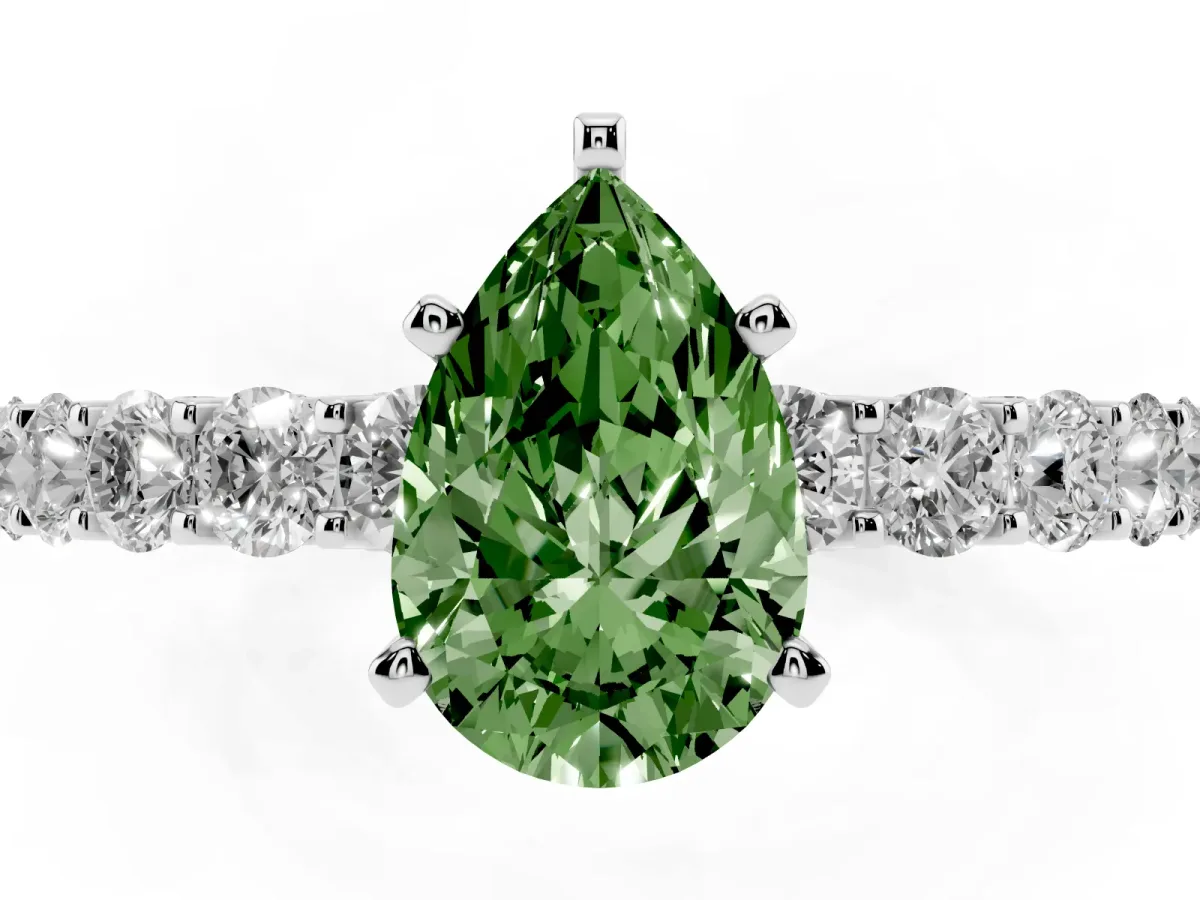 Fancy Green Pear Cut Diamond Solitaire Ring with Shared Prong Pavé Band and Four-Prong Setting Silver