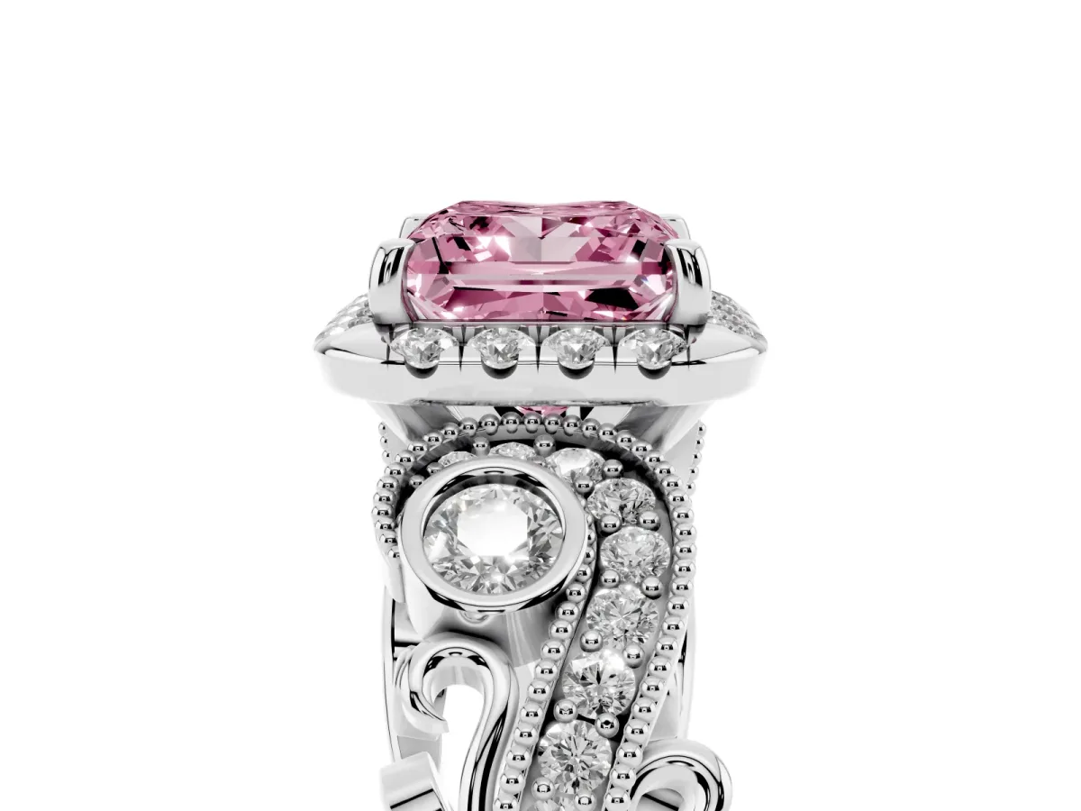 Fancy Pink Princess Cut Diamond Halo Ring with Milgrain Pavé Band and Four-Prong Setting Silver