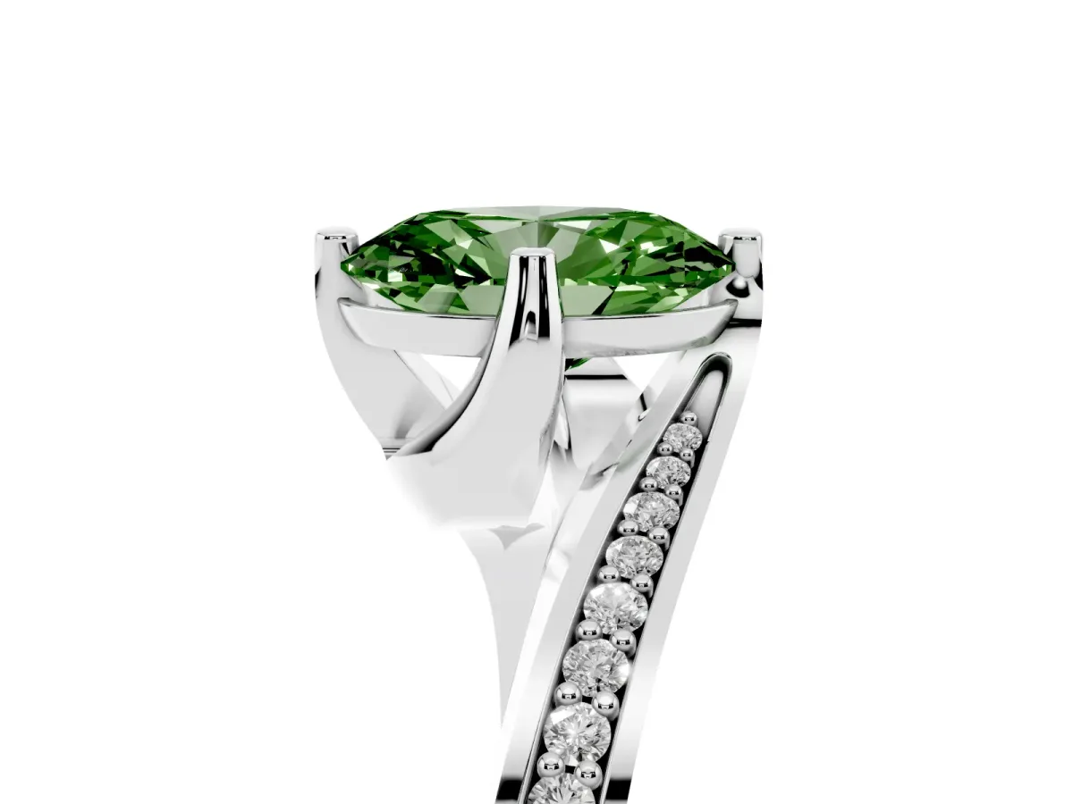 Fancy Green Oval Cut Solitaire Diamond Twist Band with Pavé Setting and Four-Prong Setting Silver