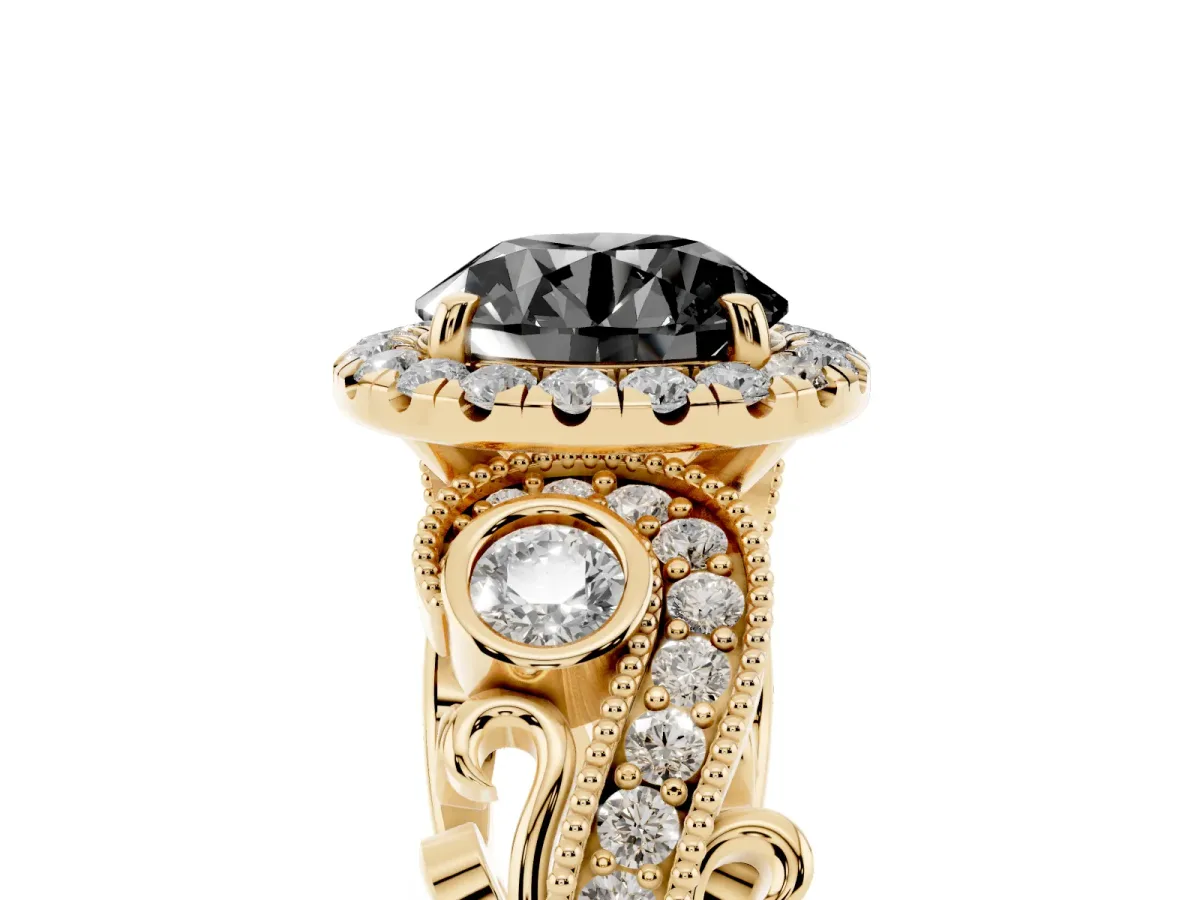 Fancy Black Round Cut Halo Diamond Ring with Milgrain and Bezel Accents on a Split Shank Band Yellow gold