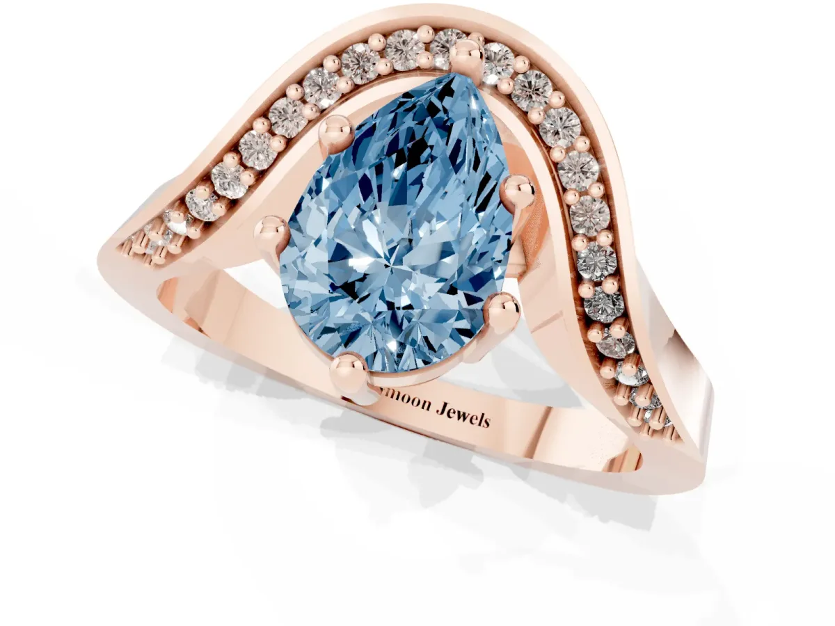 Fancy Blue Pear Cut Solitaire Diamond Engagement Ring with Pave Band and Four-Prong Setting Rose gold