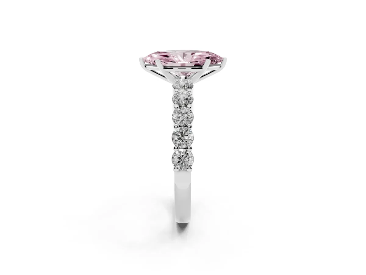 Fancy Pink Marquise Cut Diamond Solitaire Ring with Shared Prong Round Side Stones Platinum
