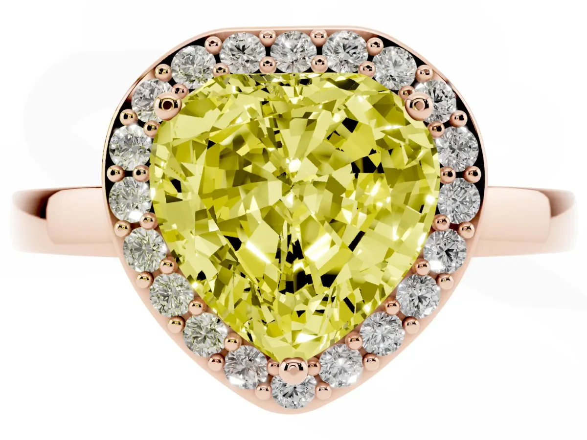Fancy Yellow Heart Cut Halo Diamond Ring with Solitaire Band and Prong Setting Rose gold