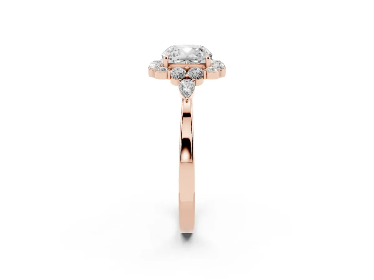Cushion Cut Diamond Halo Ring with Pear Side Stones and Prong Setting Rose gold