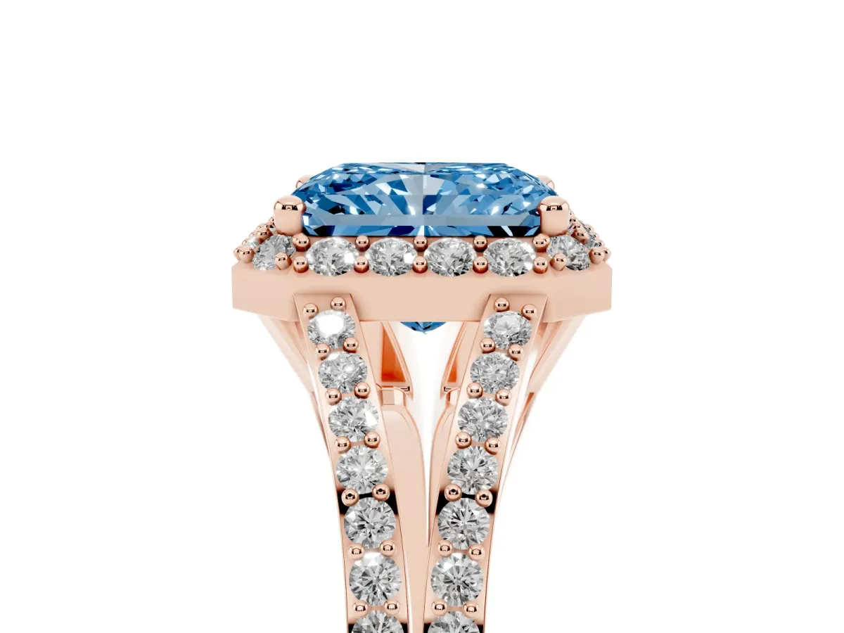 Fancy Blue Radiant Cut Halo Split Shank Diamond Ring with Prong Setting Rose gold