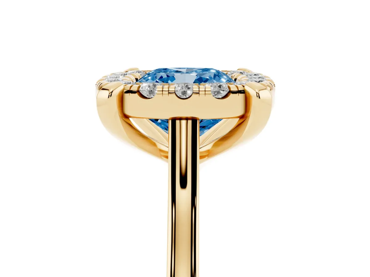 Fancy Blue Cushion Cut Diamond Cluster Halo Solitaire with Four-Prong Setting Yellow gold