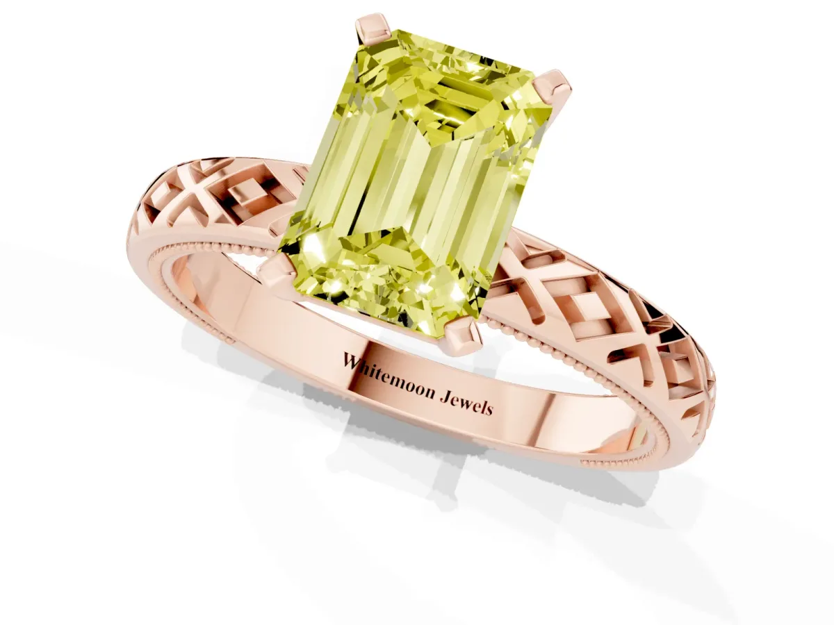 Fancy Yellow Emerald Cut Solitaire Diamond Ring with Milgrain and Black Enamel X Pattern Band Rose gold