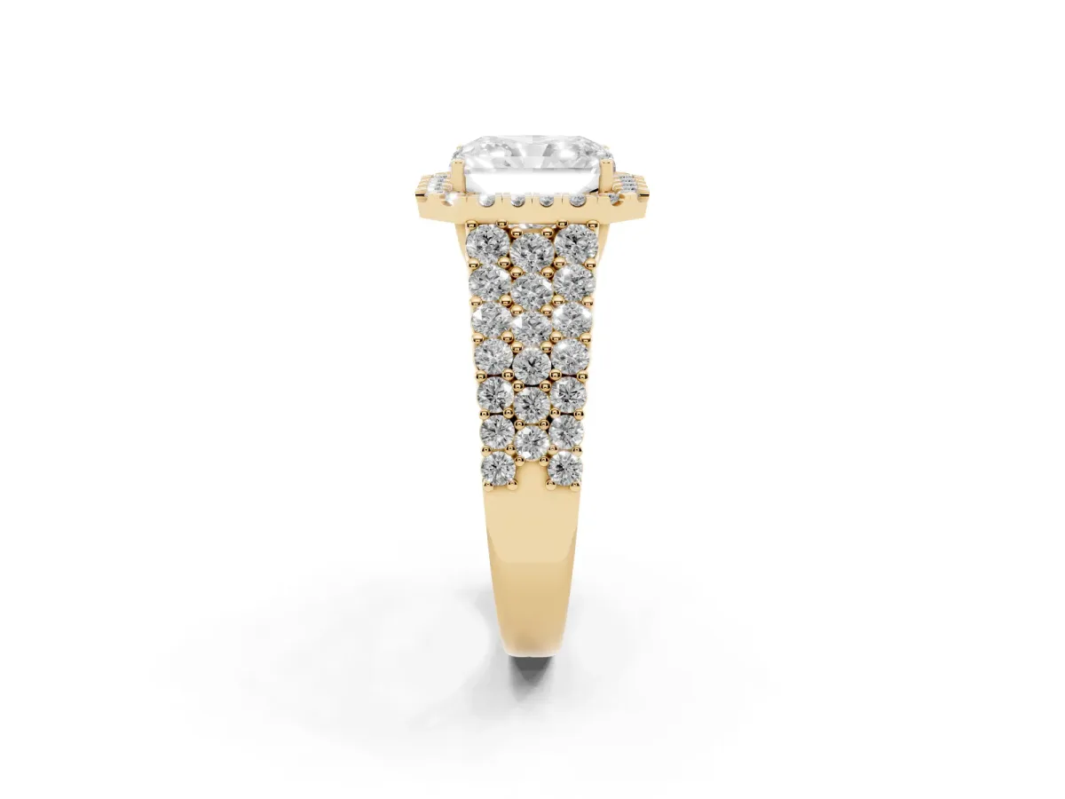 Radiant Cut Diamond Halo Engagement Ring with Triple Row Round Pavé Band and Prong Setting Yellow gold