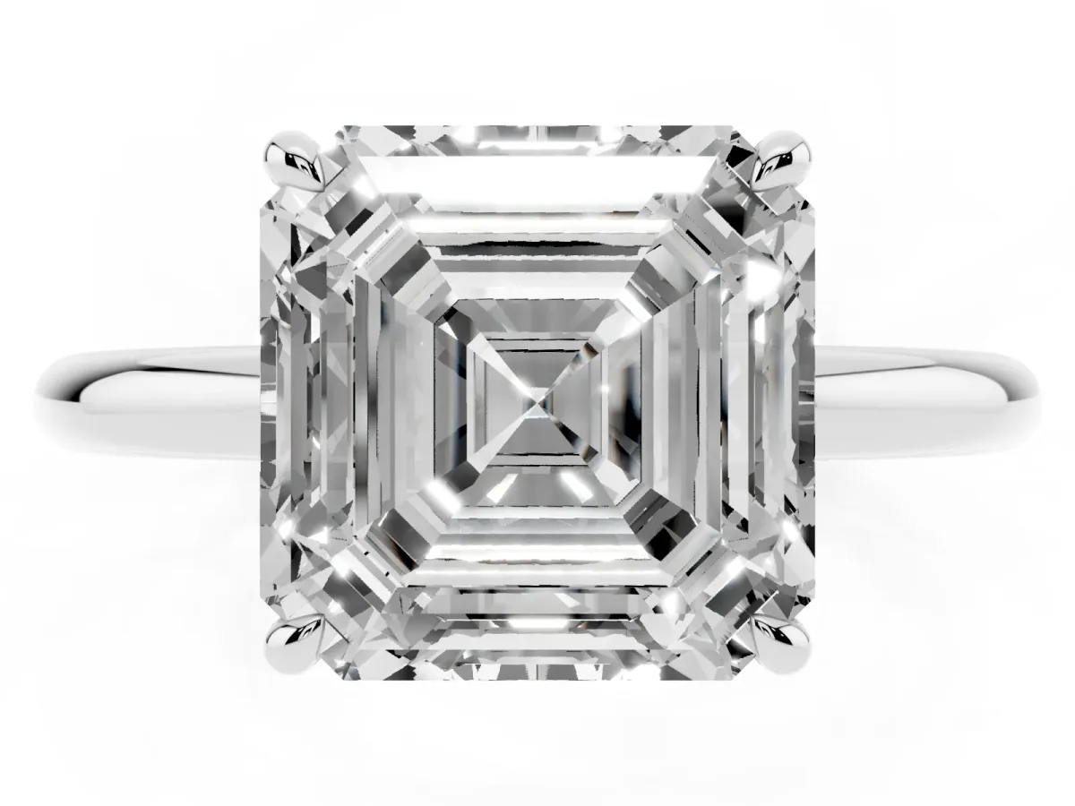 Asscher Cut Diamond Solitaire Ring with Thin Band and Four-Prong Setting Silver