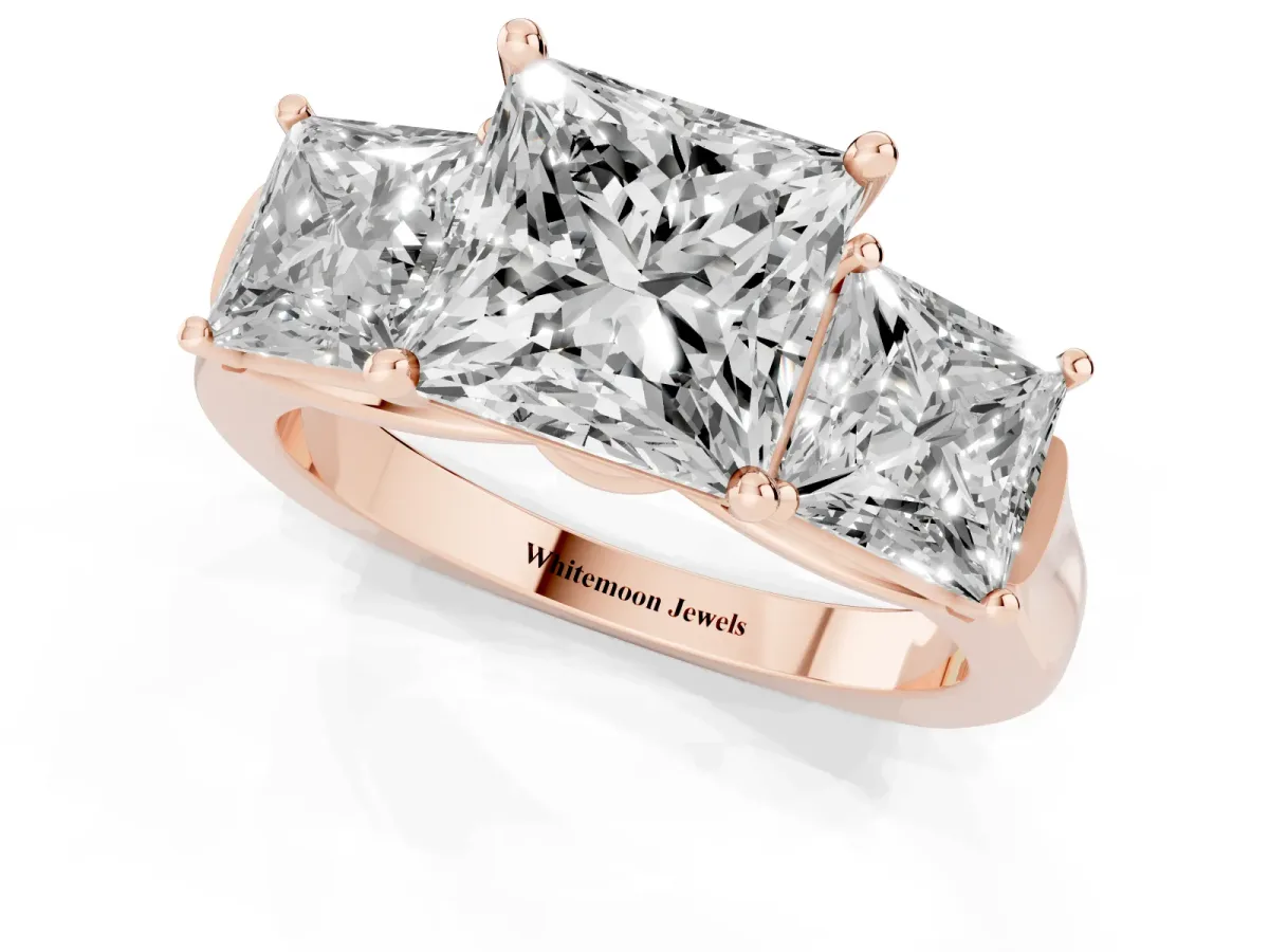 Three-Stone Princess Cut Brilliant Diamond Trellis Ring with Comfort Fit Band Rose gold