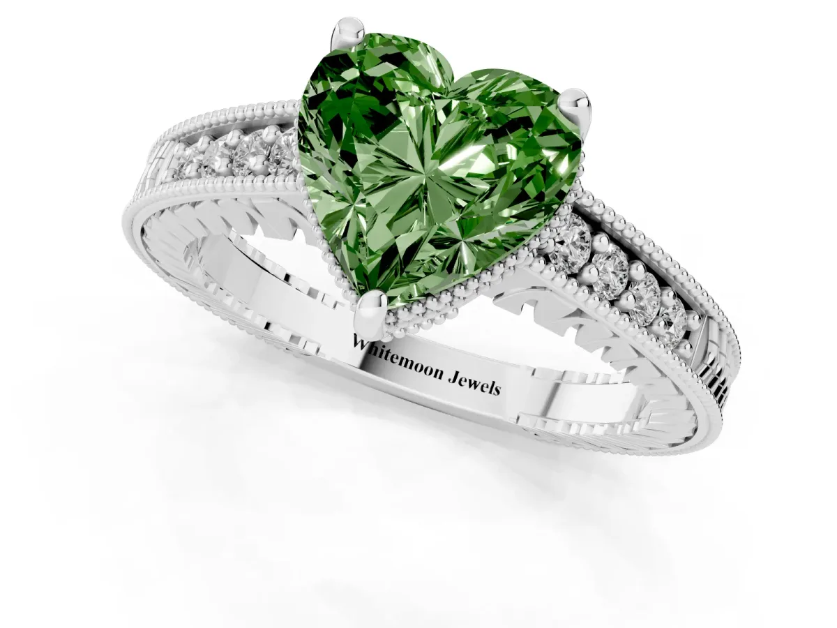 Fancy Green Heart Cut Solitaire Pavé Diamond Milgrain Engagement Ring with Four-Prong Setting Silver