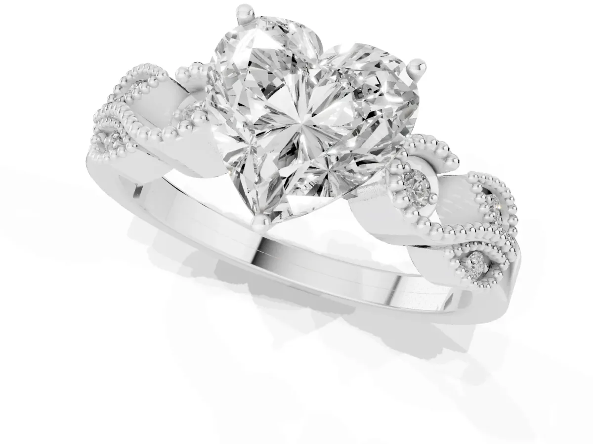 Heart Cut Solitaire Milgrain Leaf Band with Prong Setting Silver