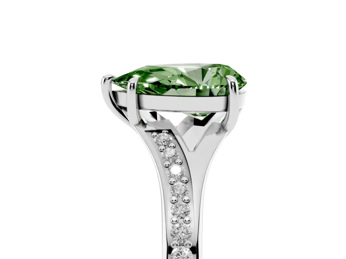 Fancy Green Pear Cut Diamond Solitaire Ring with Pavé Band and Prong Setting Silver
