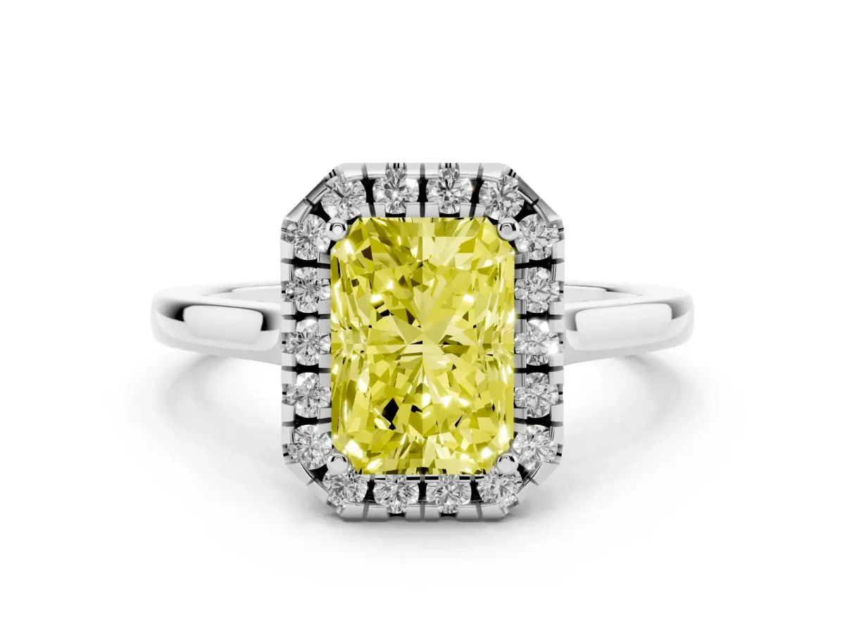 Fancy Yellow Radiant Cut Halo Round Diamond Solitaire Ring with Pavé Band and Four-Prong Setting Silver