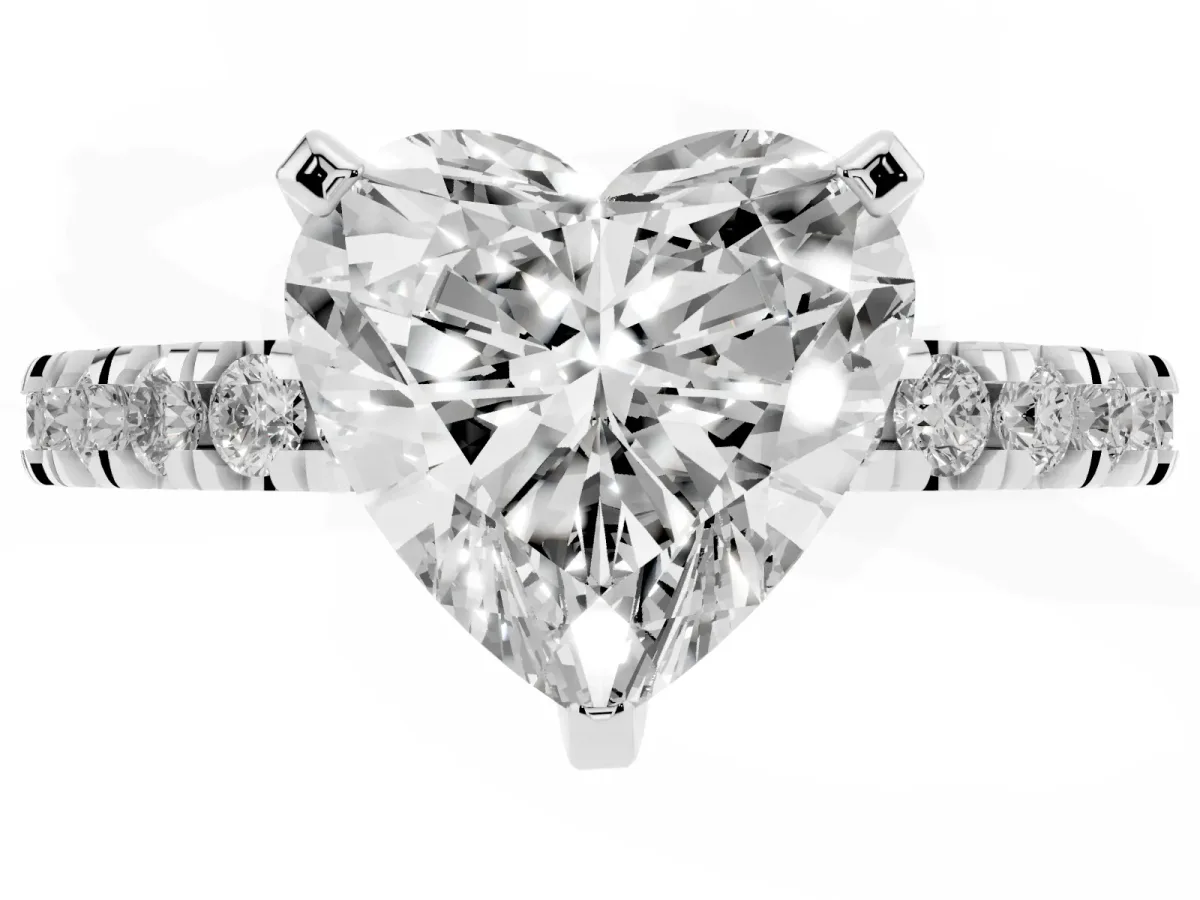 Heart Cut Diamond Pavé Band Solitaire with Four-Prong Setting Silver