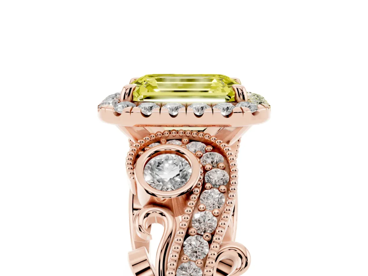 Fancy Yellow Emerald Cut Diamond Halo Ring with Milgrain Pavé Band and Four-Prong Setting Rose gold