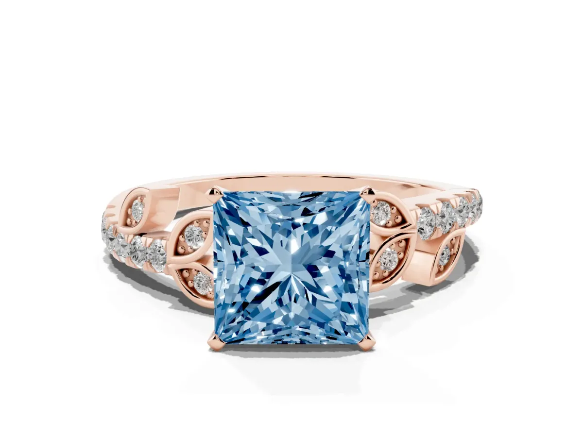 Fancy Blue Princess Cut Solitaire Leaf-Inspired Diamond Ring with Pavé Band and Four-Prong Setting Rose gold