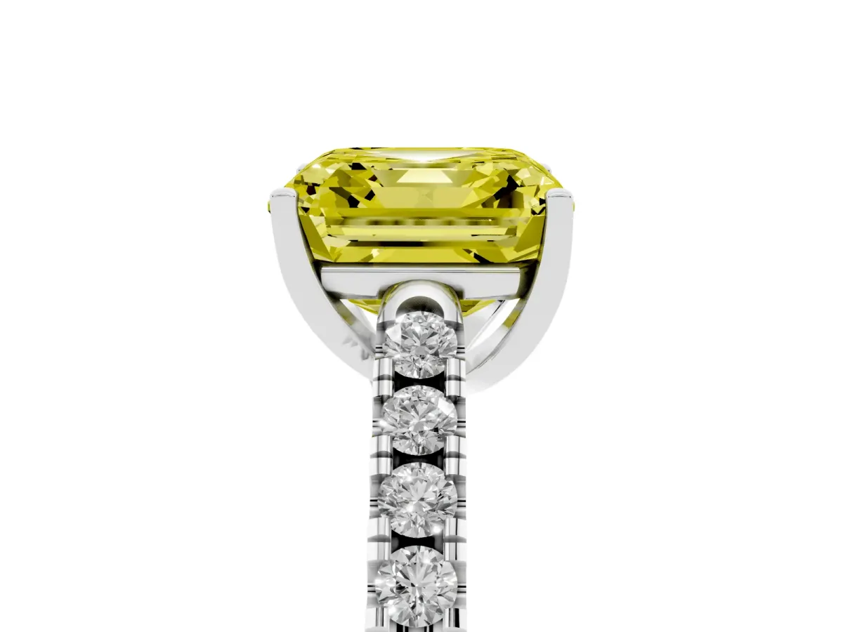 Fancy Yellow Asscher Cut Diamond Pavé Band Solitaire Ring with Prong Setting Platinum