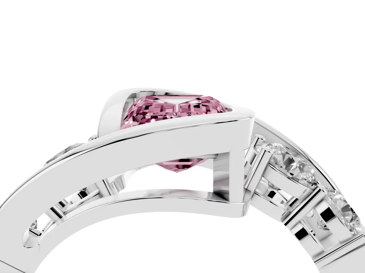 Fancy Pink Bezel Set Emerald Cut Diamond Bypass Ring with Round Accents Platinum