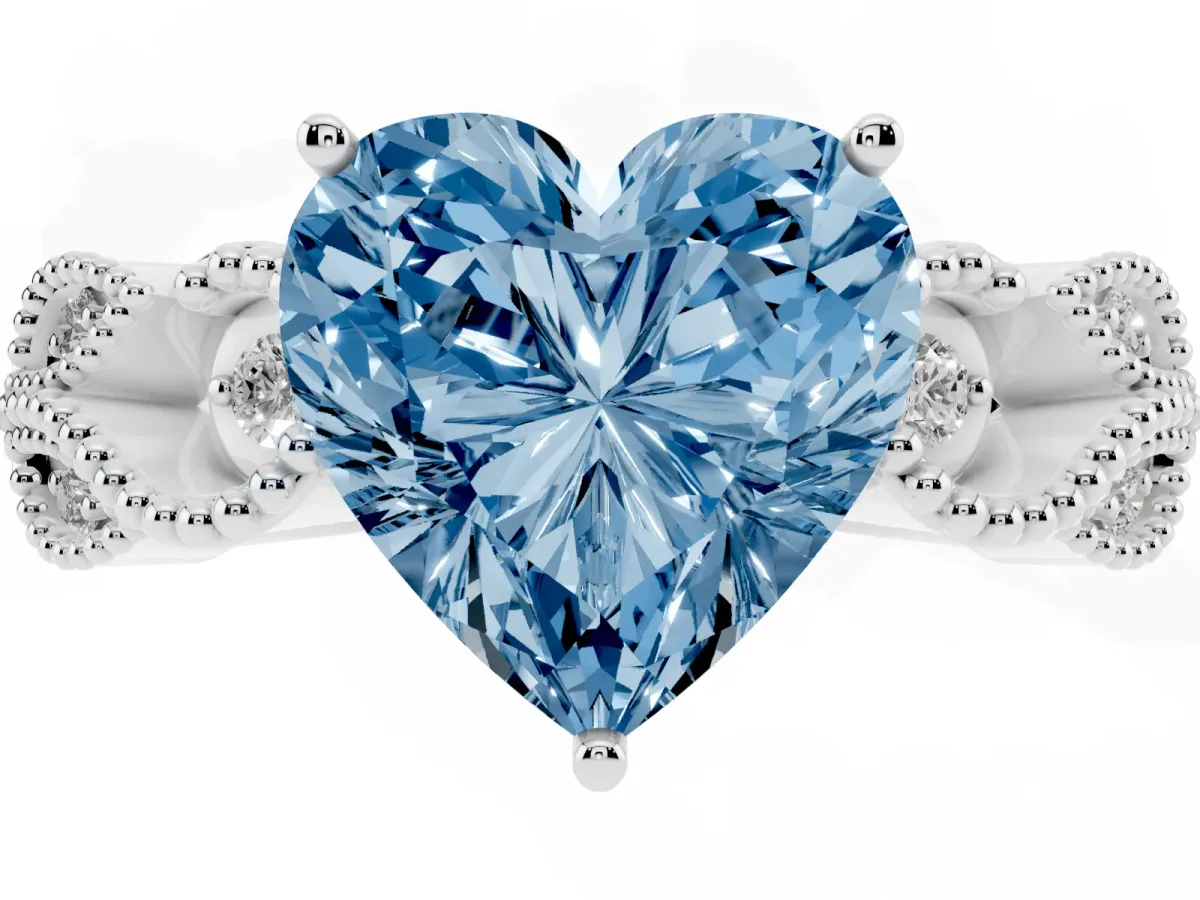 Fancy Blue Heart Cut Solitaire Milgrain Leaf Band with Prong Setting Silver