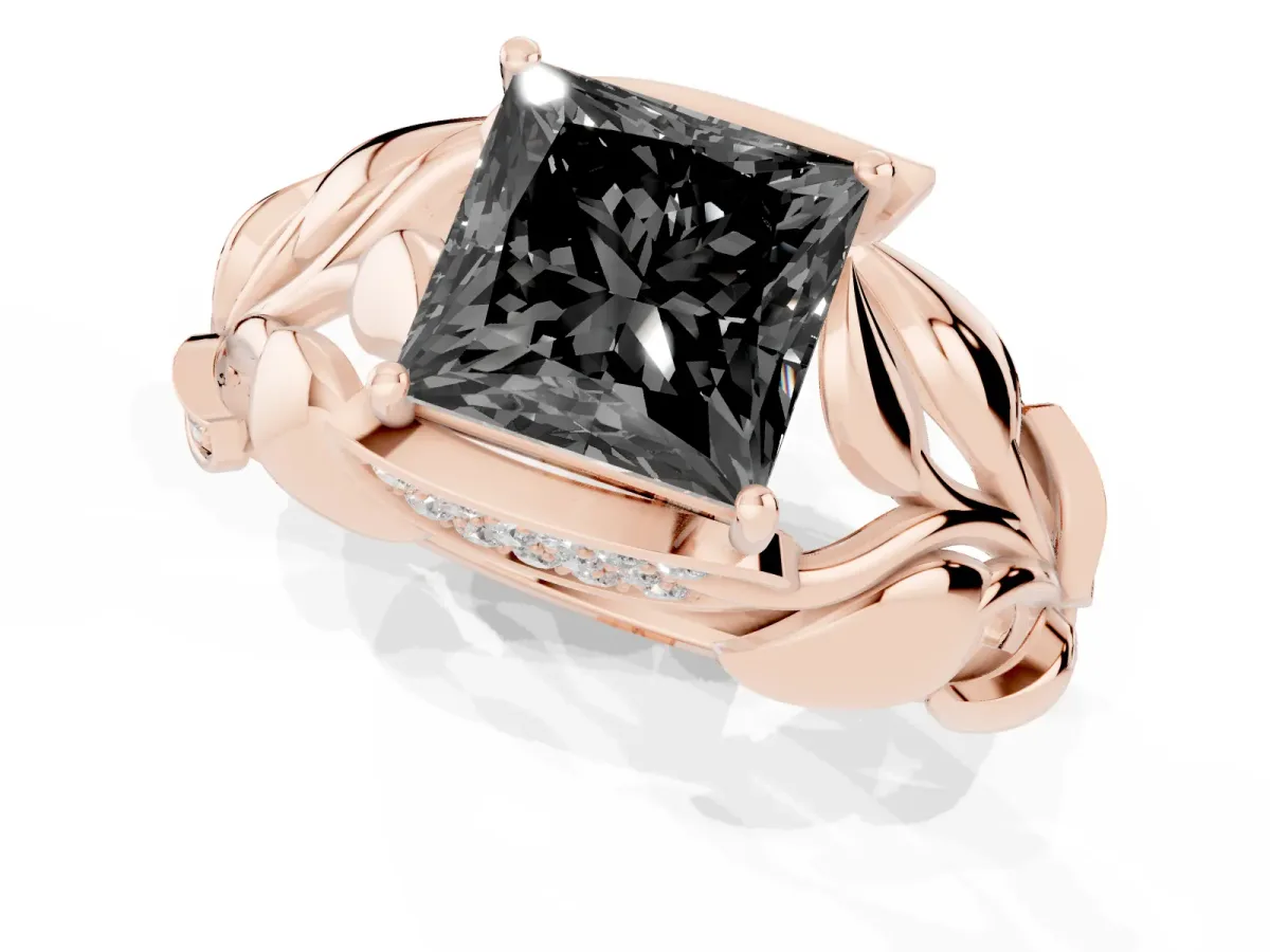 Fancy Black Princess Cut Diamond Leaf-Inspired Engagement Ring with Round Accents and Prong Setting Rose gold