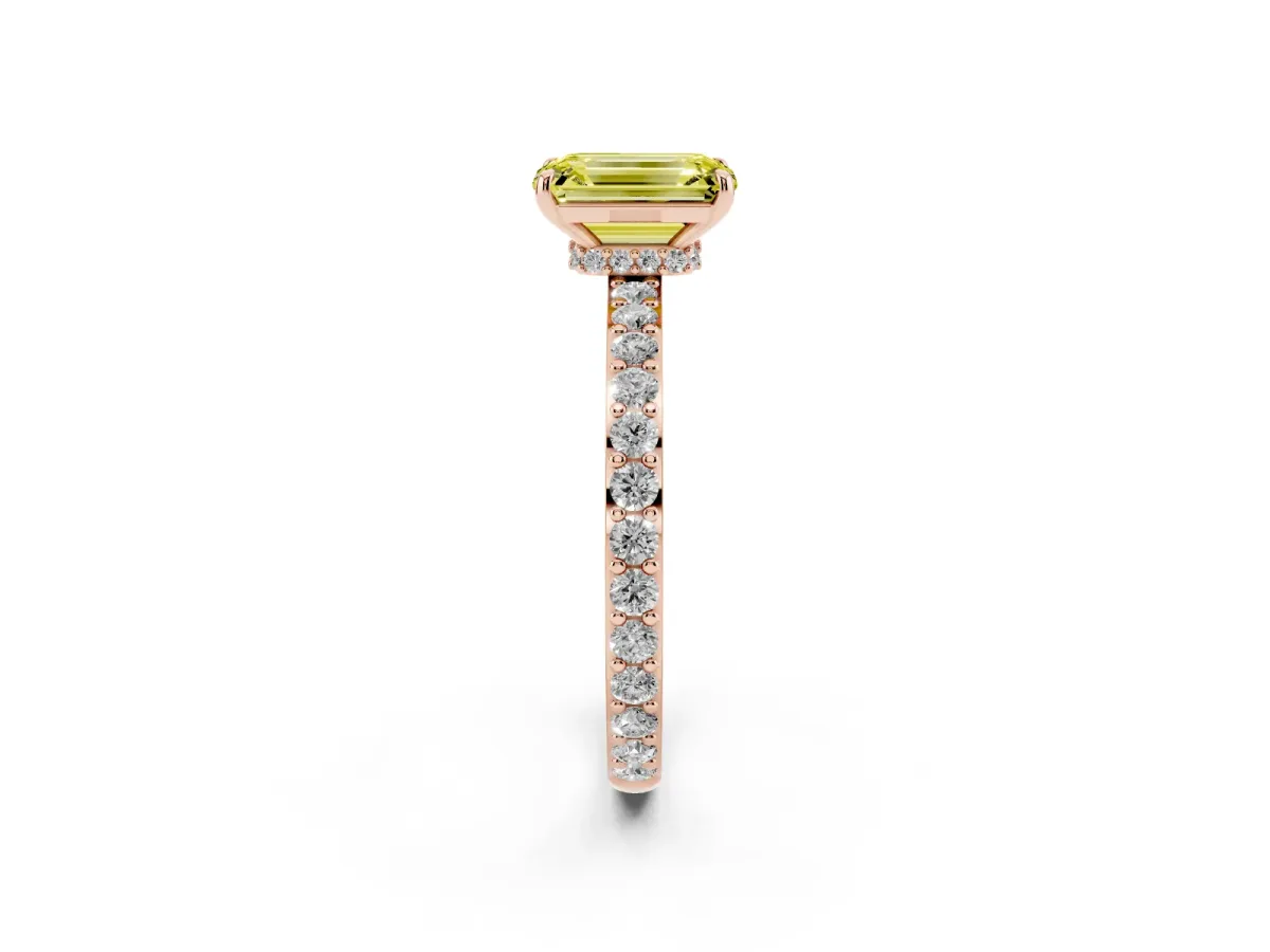 Fancy Yellow Emerald Cut Diamond Solitaire Engagement Ring with Pavé Band and Four-Prong Setting Rose gold