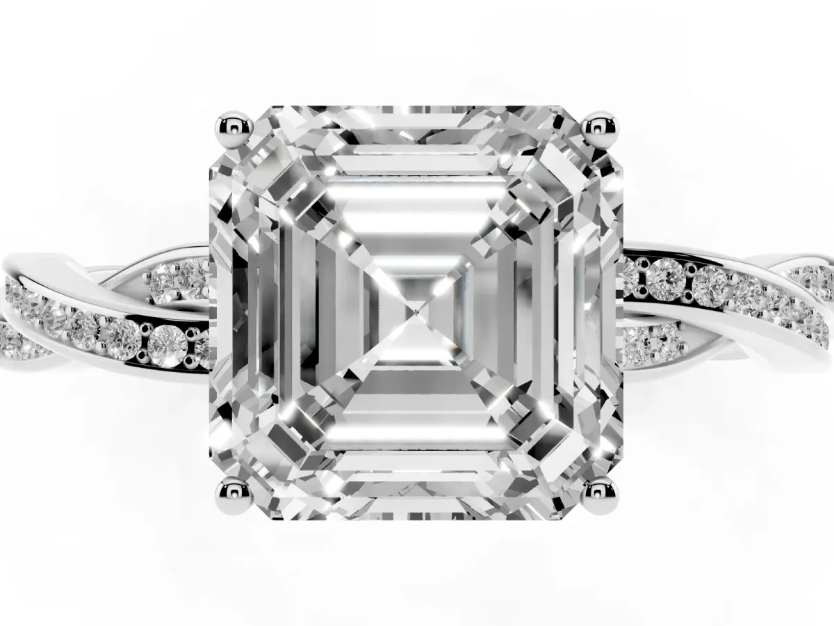 Asscher Cut Solitaire Twisted Pave Diamond Ring with Four-Prong Setting Platinum