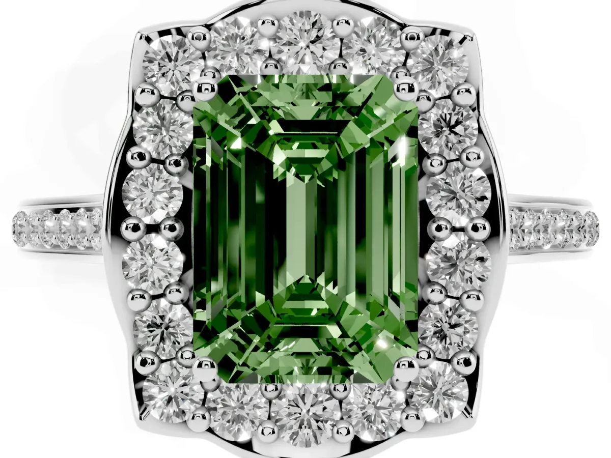 Fancy Green Emerald Cut Halo Round Diamond Pave Band with Four-Prong Setting Silver
