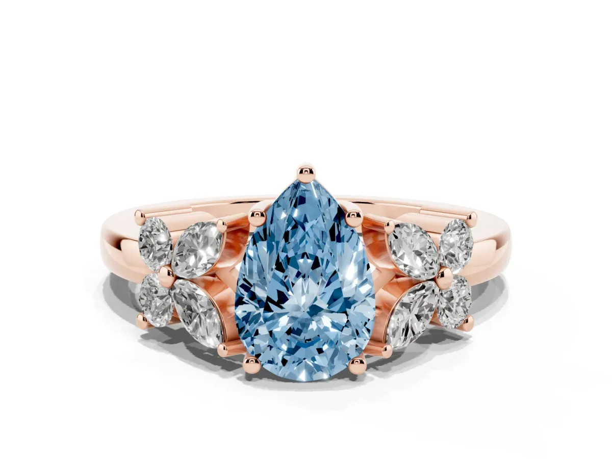 Fancy Blue Pear Cut Diamond Floral Cluster Ring with Solitaire Band and Prong Setting Rose gold