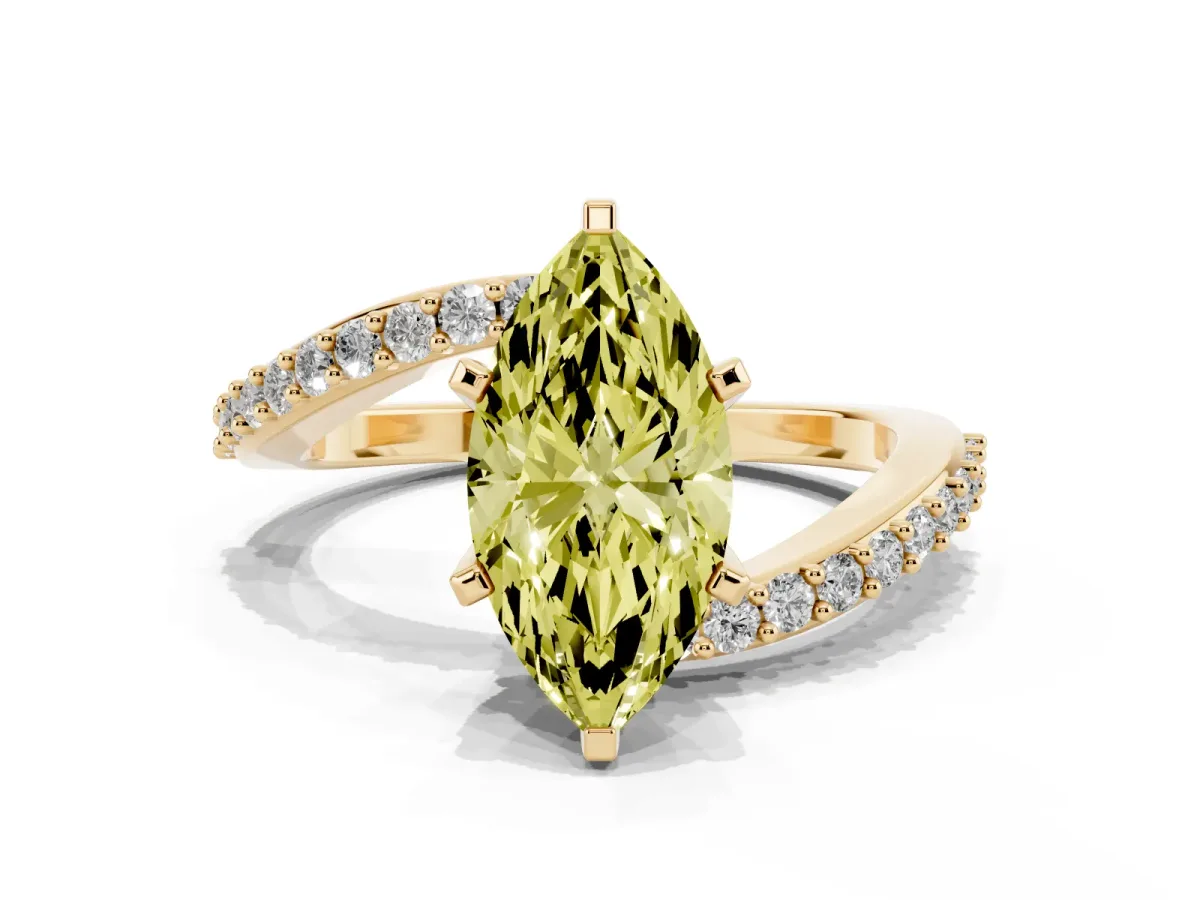 Fancy Yellow Marquise Cut Solitaire Twist Band with Pave Set Diamonds and Four-Prong Setting Yellow gold